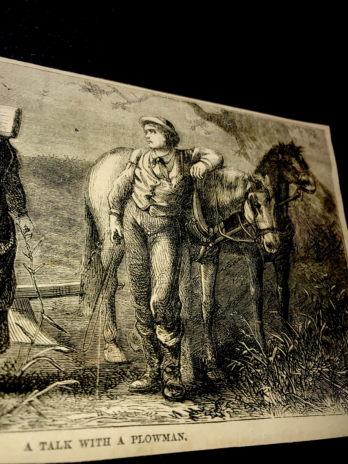 ORIGINAL 1872 A TALK WITH A PLOWMAN Plow Farm Engraving Advertising