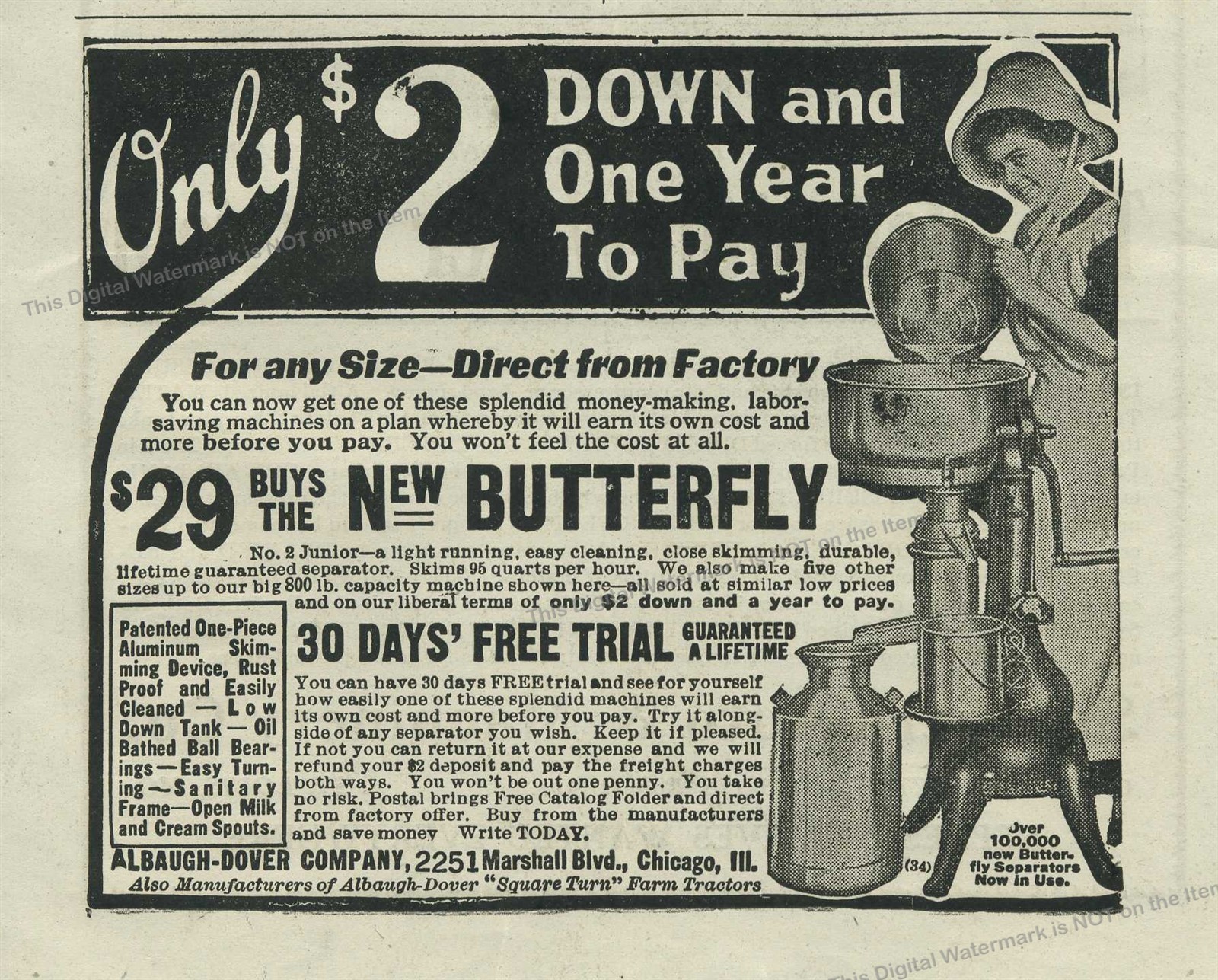 1918 AD NEW Butterfly Butter Separator by Albaugh-Dover Co For $29 *Labor Saving