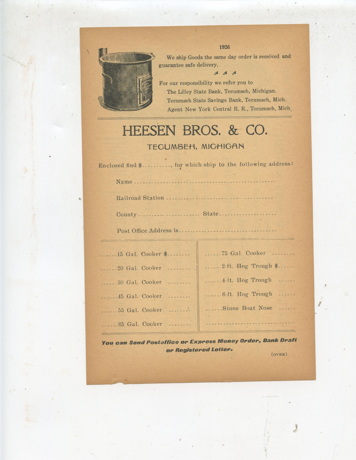 VINTAGE “HEESEN’S FARMERS’ STOCK FEED COOKERS” ORDER FORM (TECUMSEH, MICHIGAN)