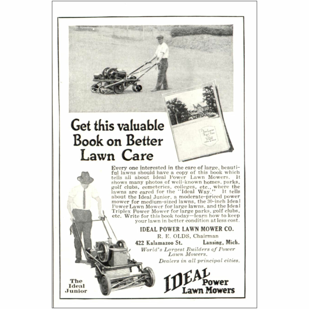 1922 Ideal Power Mowers: Better Lawn Care Vintage Print Ad