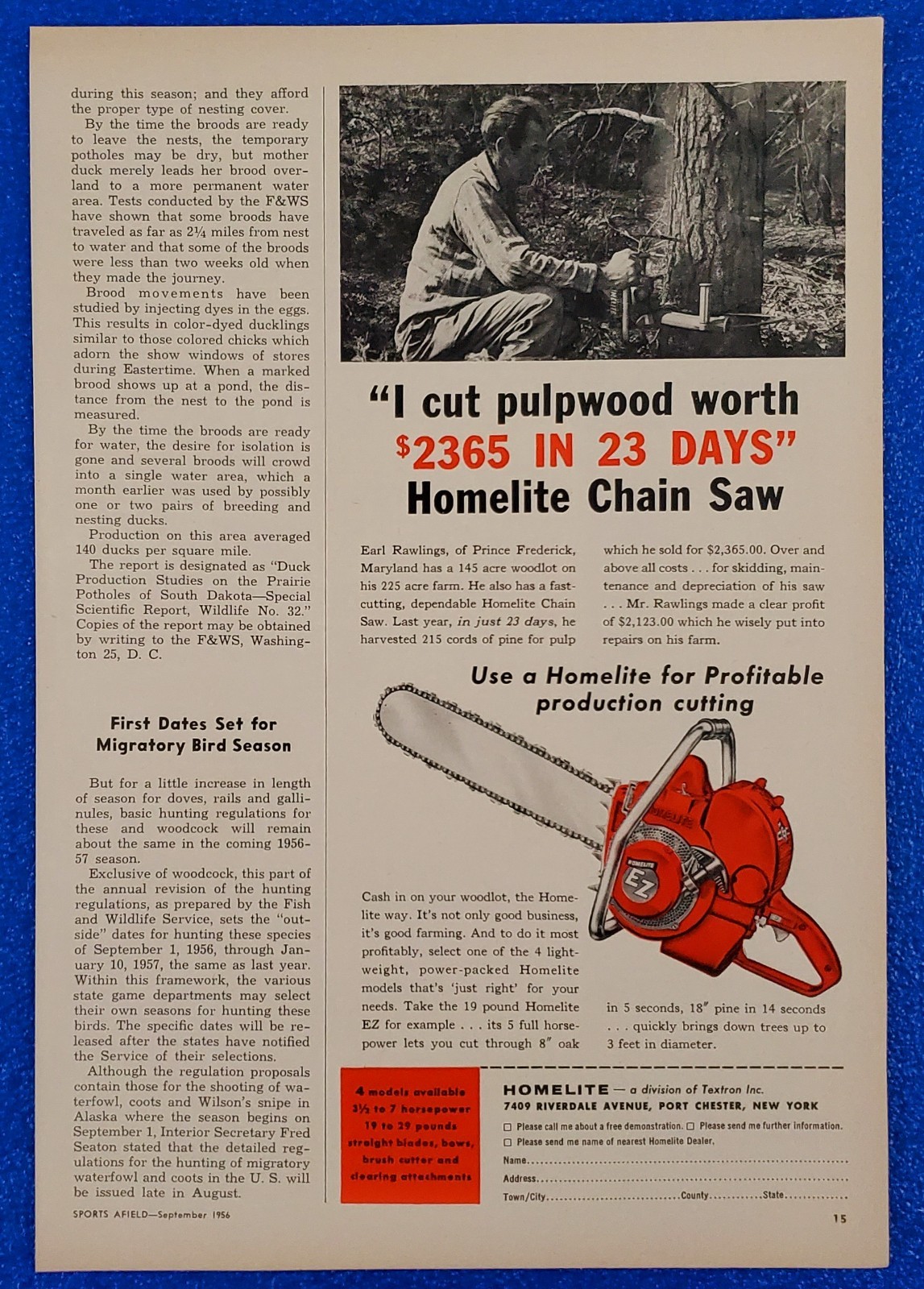 1956 HOMELITE “EZ” CHAIN SAW VINTAGE PRINT AD “USE A HOMELITE FOR PROFITABILITY”