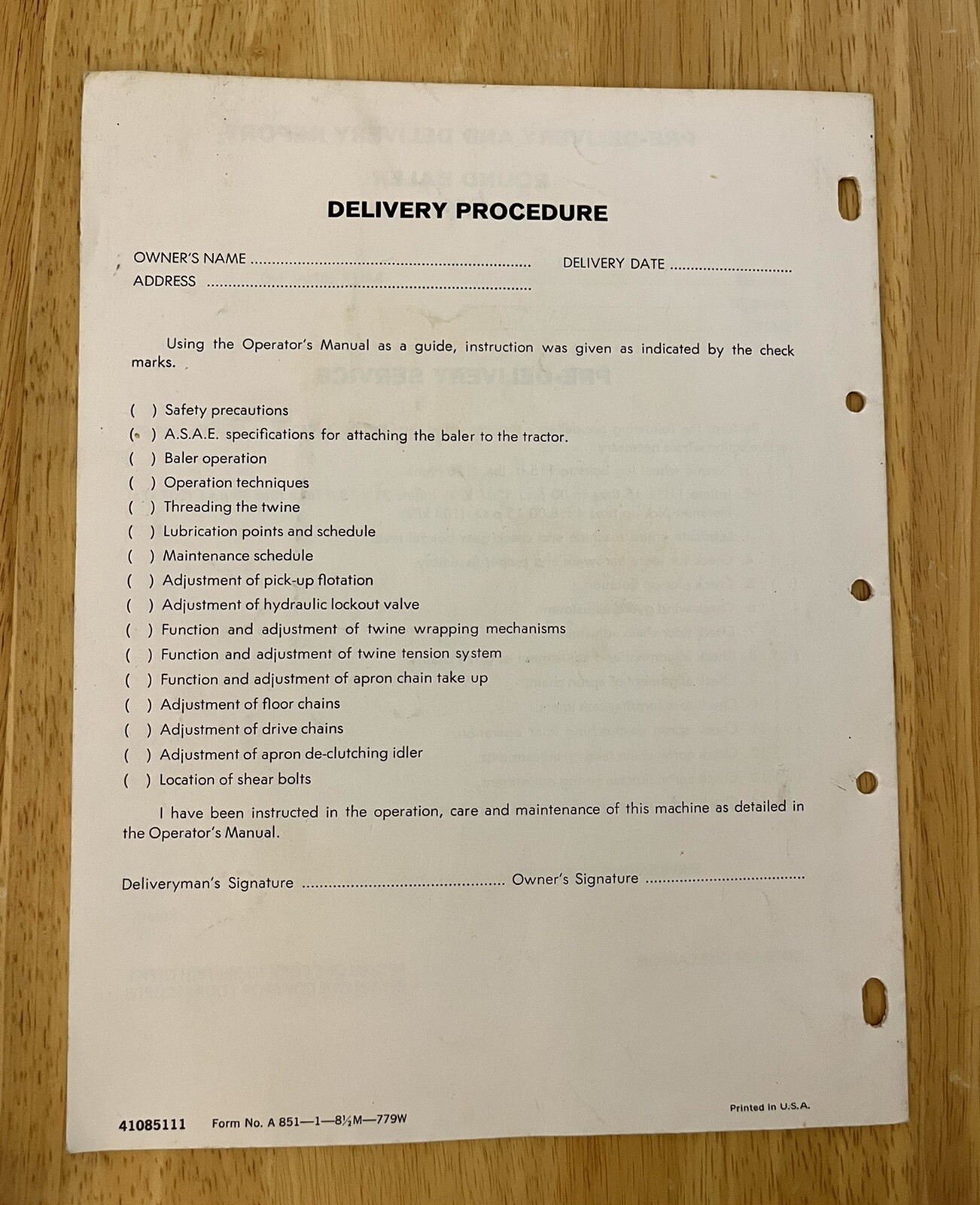 SPERRY NEW HOLLAND Assembly Manual For Round Baker #851