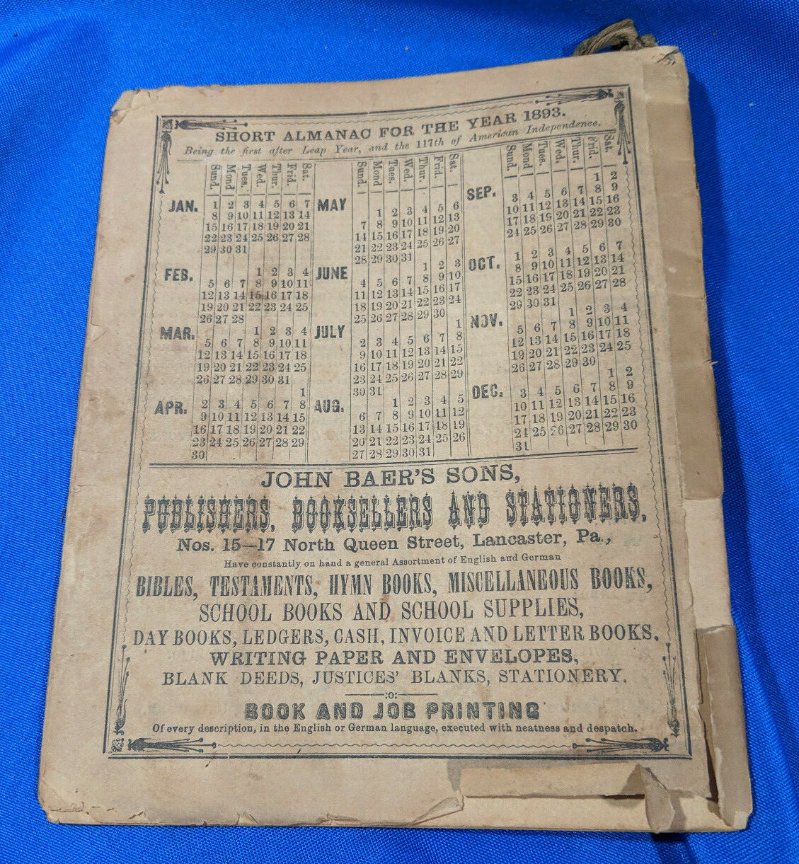 1893 John Bear Baer’s Agricultural Almanac Lancaster, PA Antique Farmers VTG