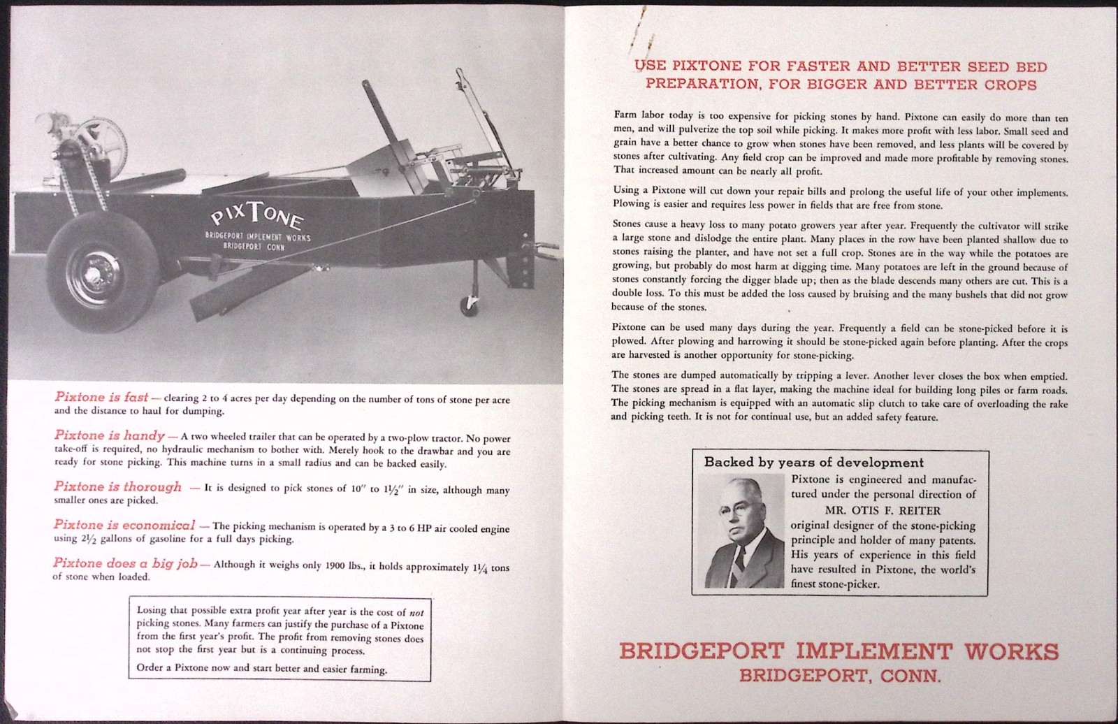 1954 Pixtone World’s Finest Stone Picker Brochure Bridgeport Implement Works