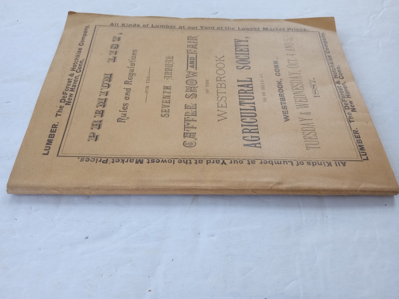 WESTBROOK CT Agricultural Society 1887 Cattle Show & Fair Program 7th Annual