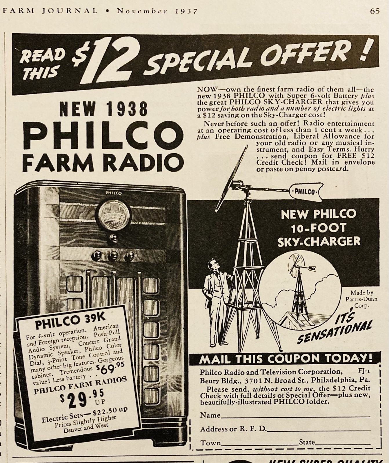 1937 AD.(XH84)~PHILCO RADIO & TV CO. PHIL., PA. PHILCO FARM RADIO W/SKY-CHARGER~