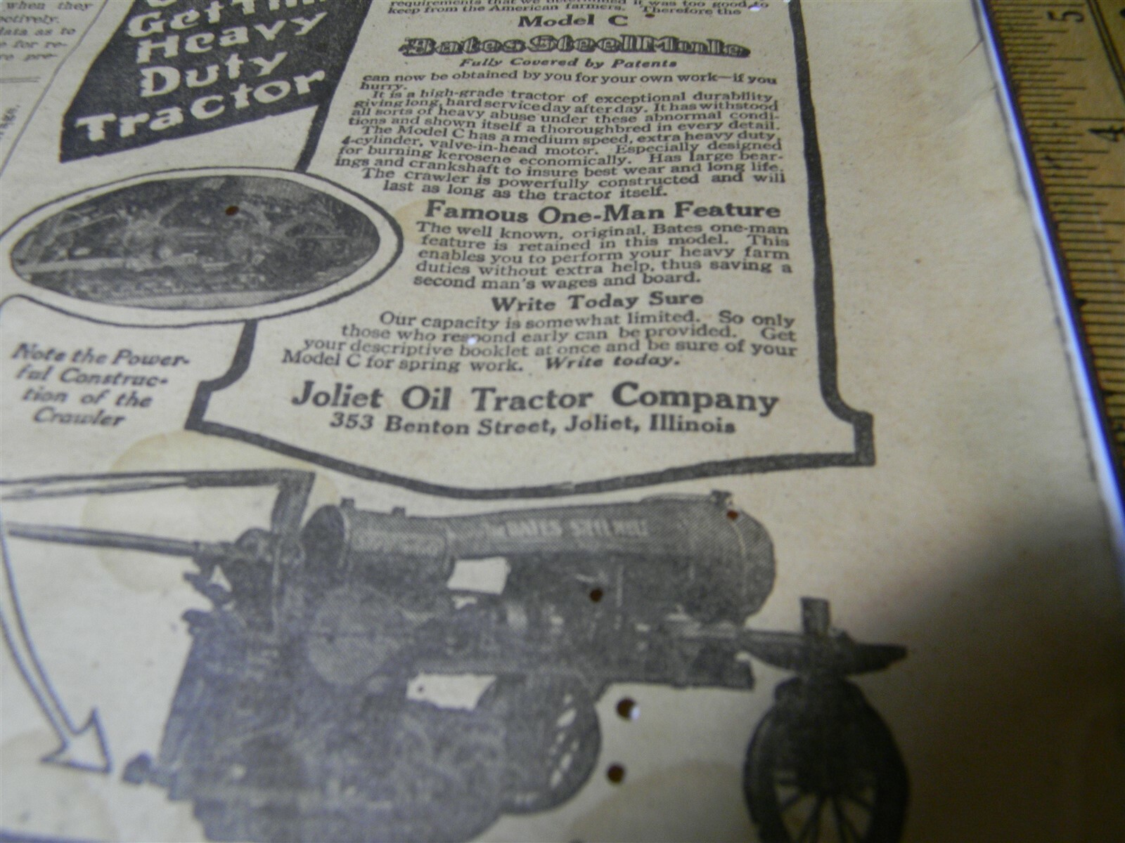 Vintage 1917 Joliet Oil Tractor Co. Farm Implement Man Cave 1910’s Print Ad 5E1