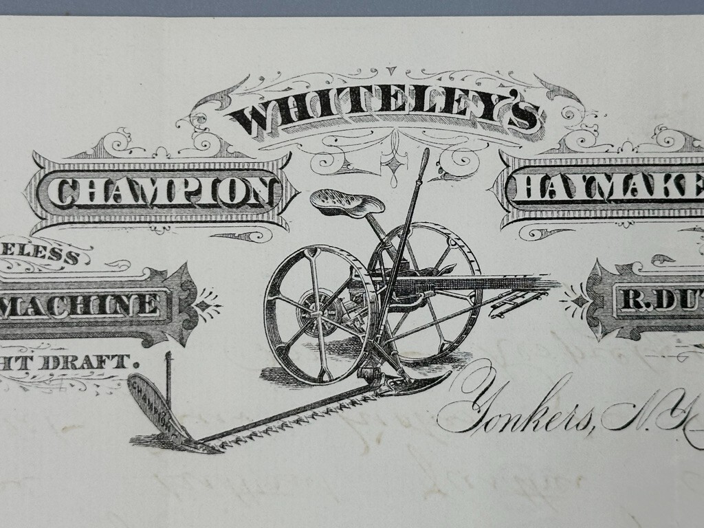1877 WHITELEY’s CHAMPION HAYMAKER Mower FARM ADVERTISING Letterhead YONKERS NY