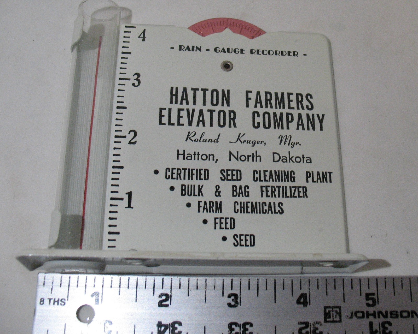 Vtg. Hatton Farmers Elevator Company Hatton N Dakota Advertising 4″ Rain Gauge