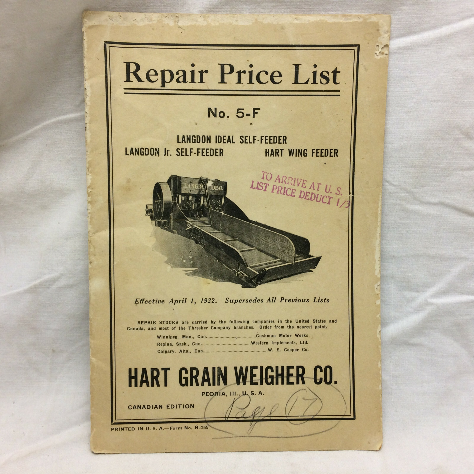 Vintage Booklet 1922 Hart Grain Weigher Co. Peoria, Indiana Repair Price List