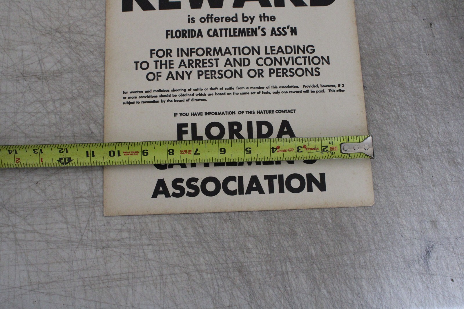 FLORIDA CATTLEMEN’S ASSOCIATION SIGN $500.00 REWARD 10.5 X 13.5
