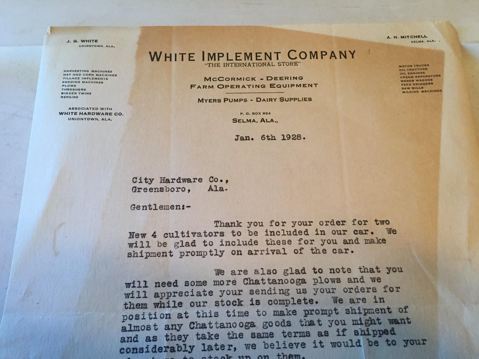 1928 WHITE IMPLEMENT McCormick Deering Letter SELMA ALABAMA