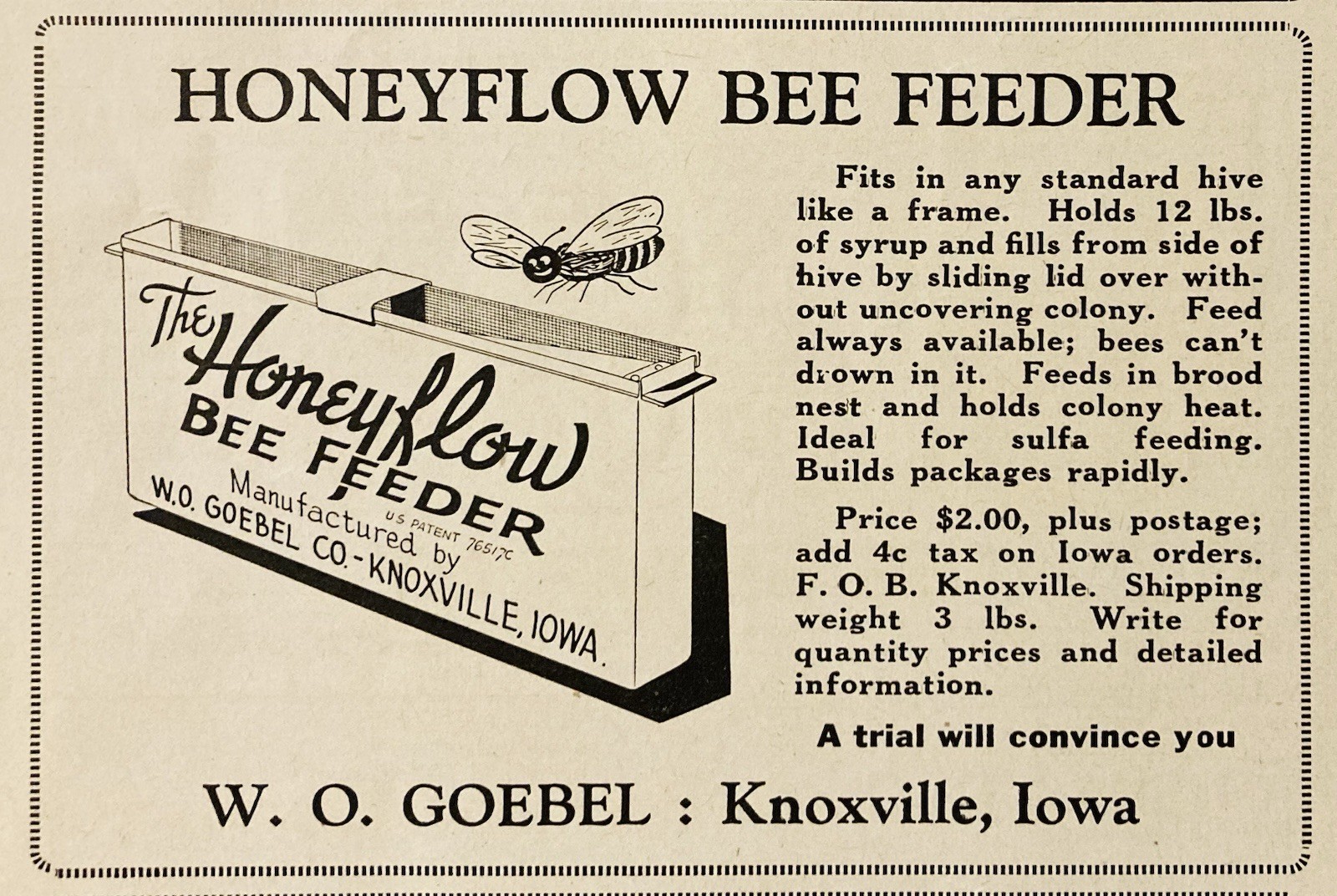 1948 AD.(XH87)~W.O. GOEBEL CO. KNOXVILLE, IOWA. HONEYFLOW BEE FINDER