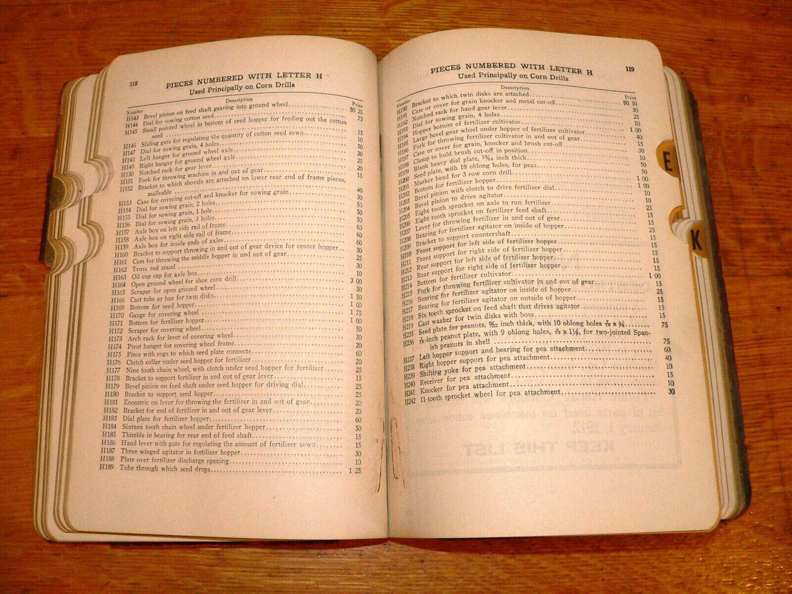 Antique 1912 American Seeding Machine “Repair List” Parts Catalog Book w/Prices