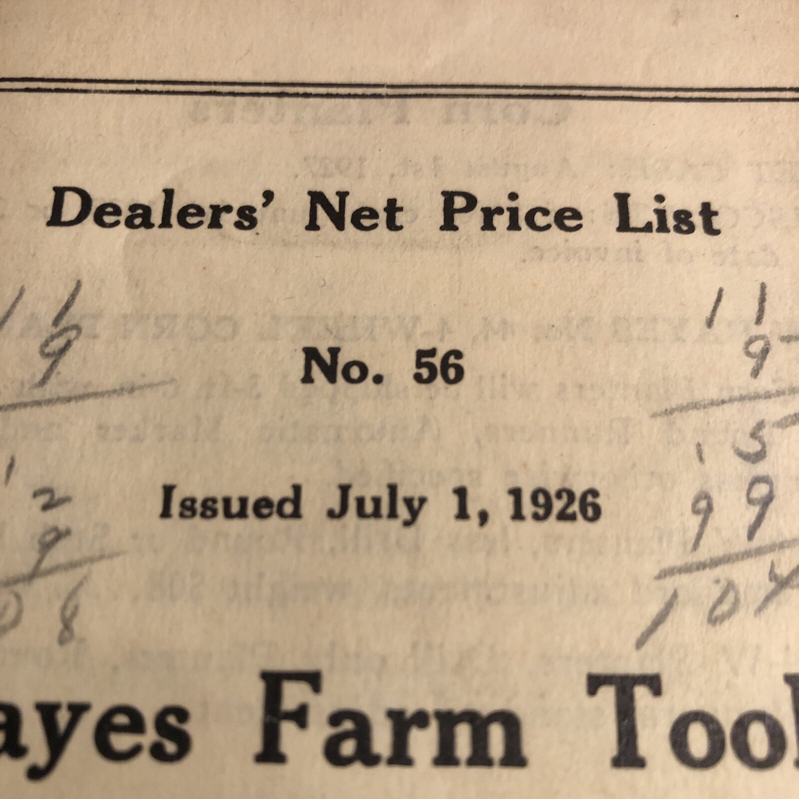 1926 HAYES FARMS TOOLS Dealer’s Price List No 56 ~ Pump ~ Galva, IL ~ AUTHENTIC!