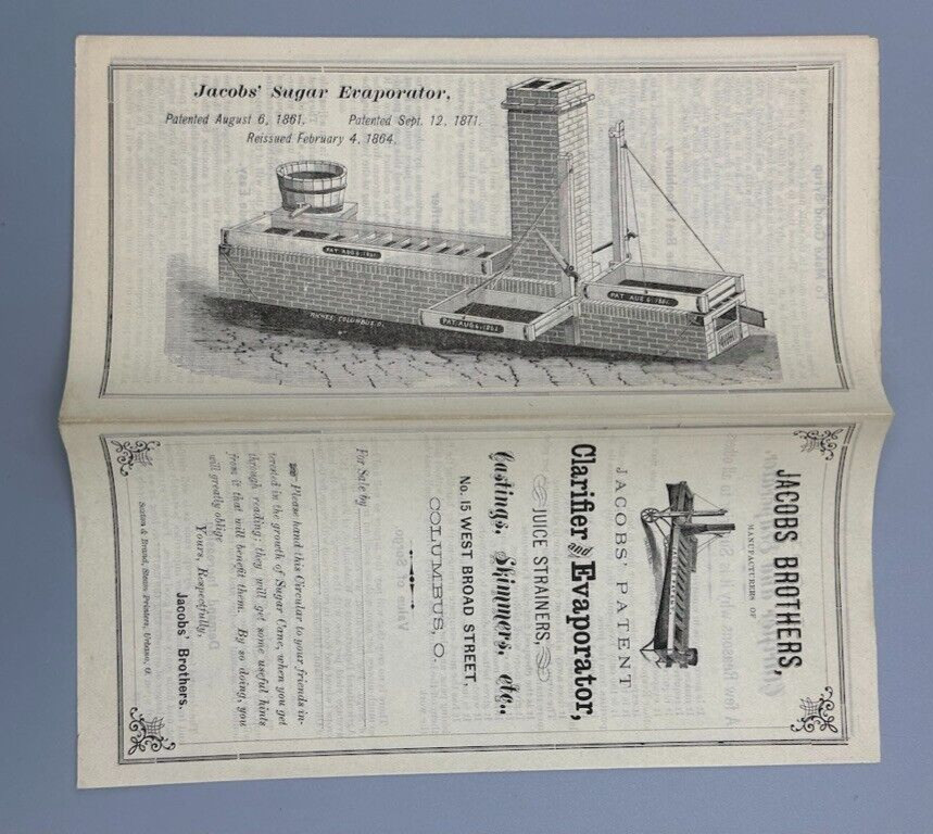 1876 JACOBS Bros SUGAR Cane EVAPORATOR Farm Advertising Antique COLUMBUS Ohio