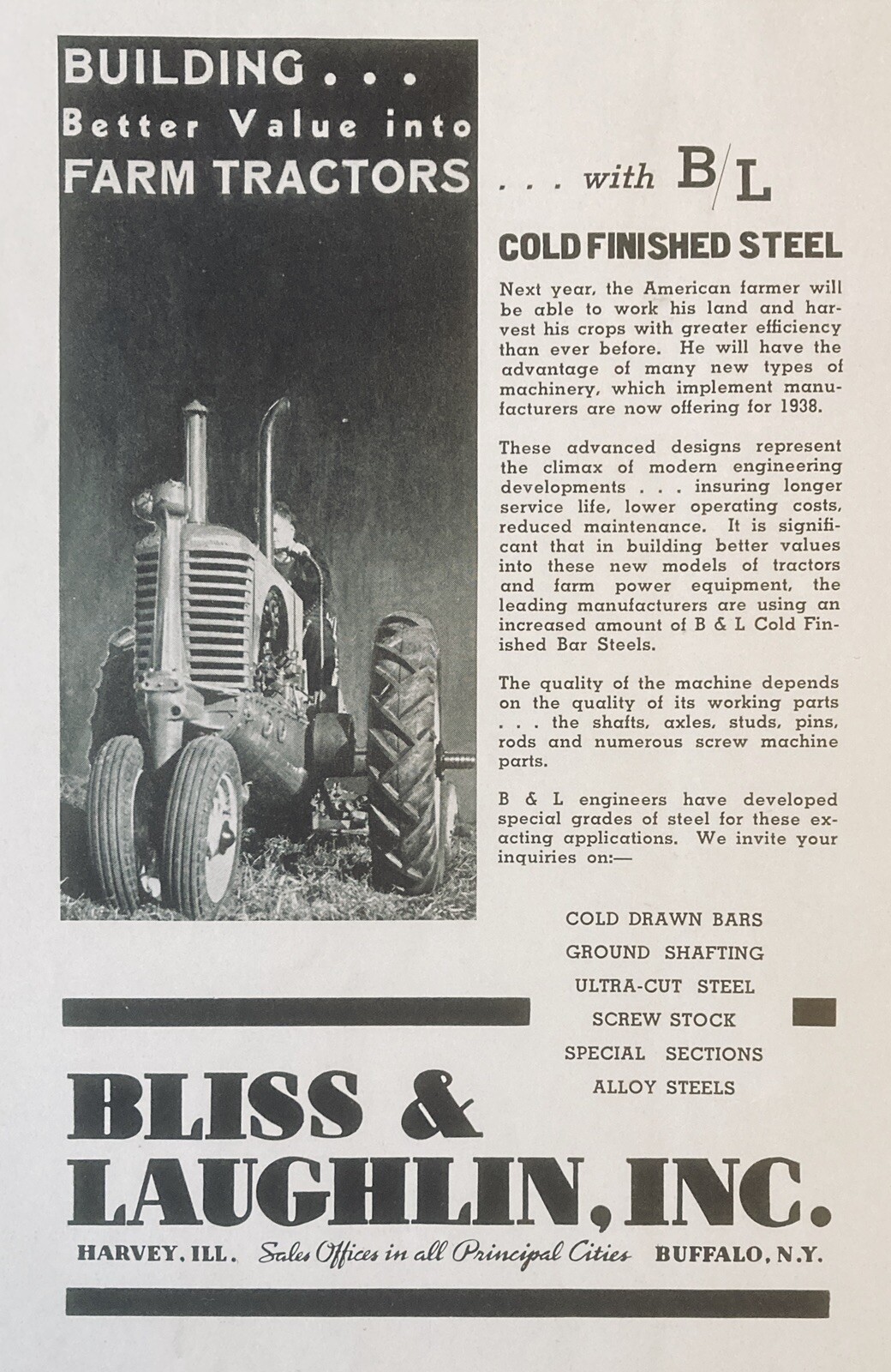 1937 AD.(XG7)~BLISS & LAUGHLIN CO. HARVEY, ILL. B/L COLD FINISHED STEEL