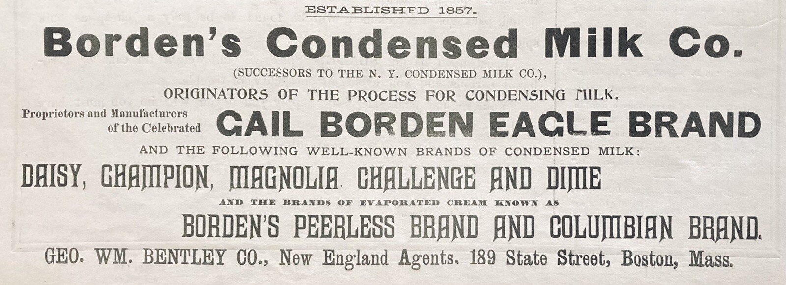 1899 AD.(XH63)~BORDEN’S CONDENSED MILK CO. BORDEN EAGLE BRAND