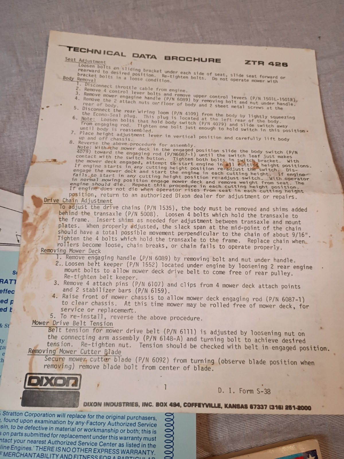 Dixon Zero Turn Mower ZTR-426 Operator’s manual and repair sheets VTG