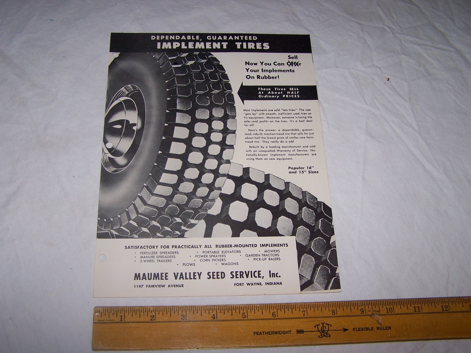 Vintage MAUMEE VALLEY SEED SERVICE Fort Wayne Indiana Implement Tires Info Sheet