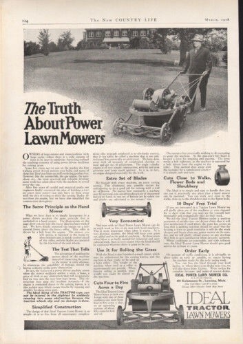 1918 IDEAL POWER TRACTOR LAWN MOWER YARD CARE LANSDCAPE LANSING FARM AD 9552