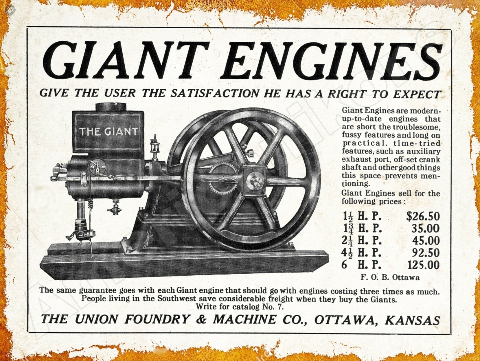 1913 Union Foundry & Machine Co. Giant Engines New Metal Sign: Ottawa, Kansas