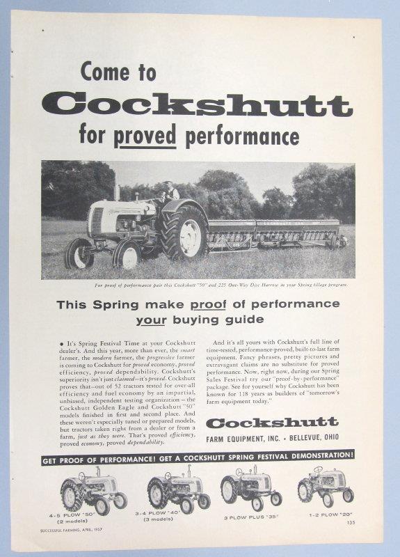 Oiginal 1957 Cockshutt Model 50 4-5 Plow Tractor Ad FOR PROVED PERFORMANCE