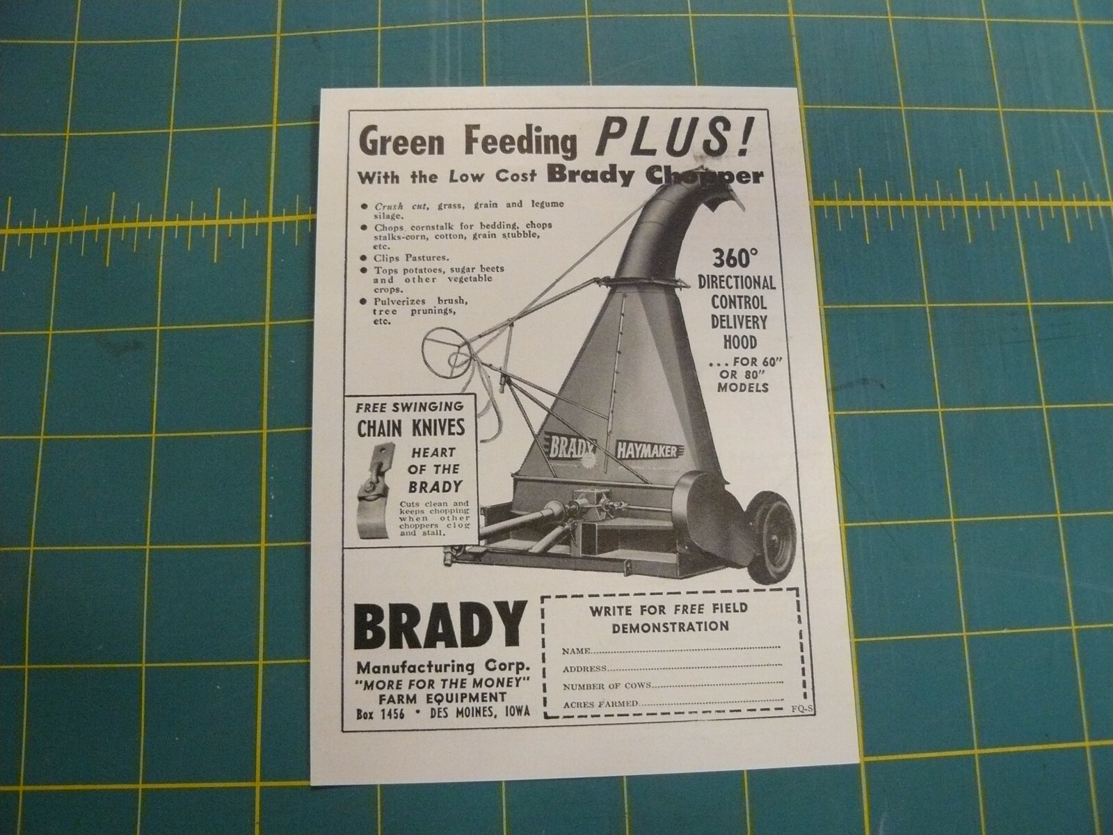 THE FARM QUARTERLY- SUMMER 1957-AD- BRADY CHOPPER 60 or 80″ Mod/ Des Moines IOWA