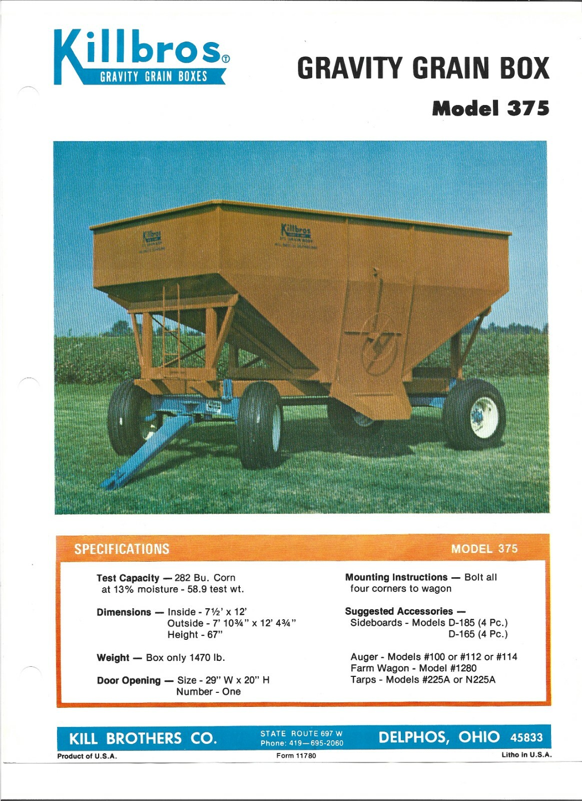 Original Killbros Model 375 Gravity Grain Box Sales Brochure Spec Sheet # 11780