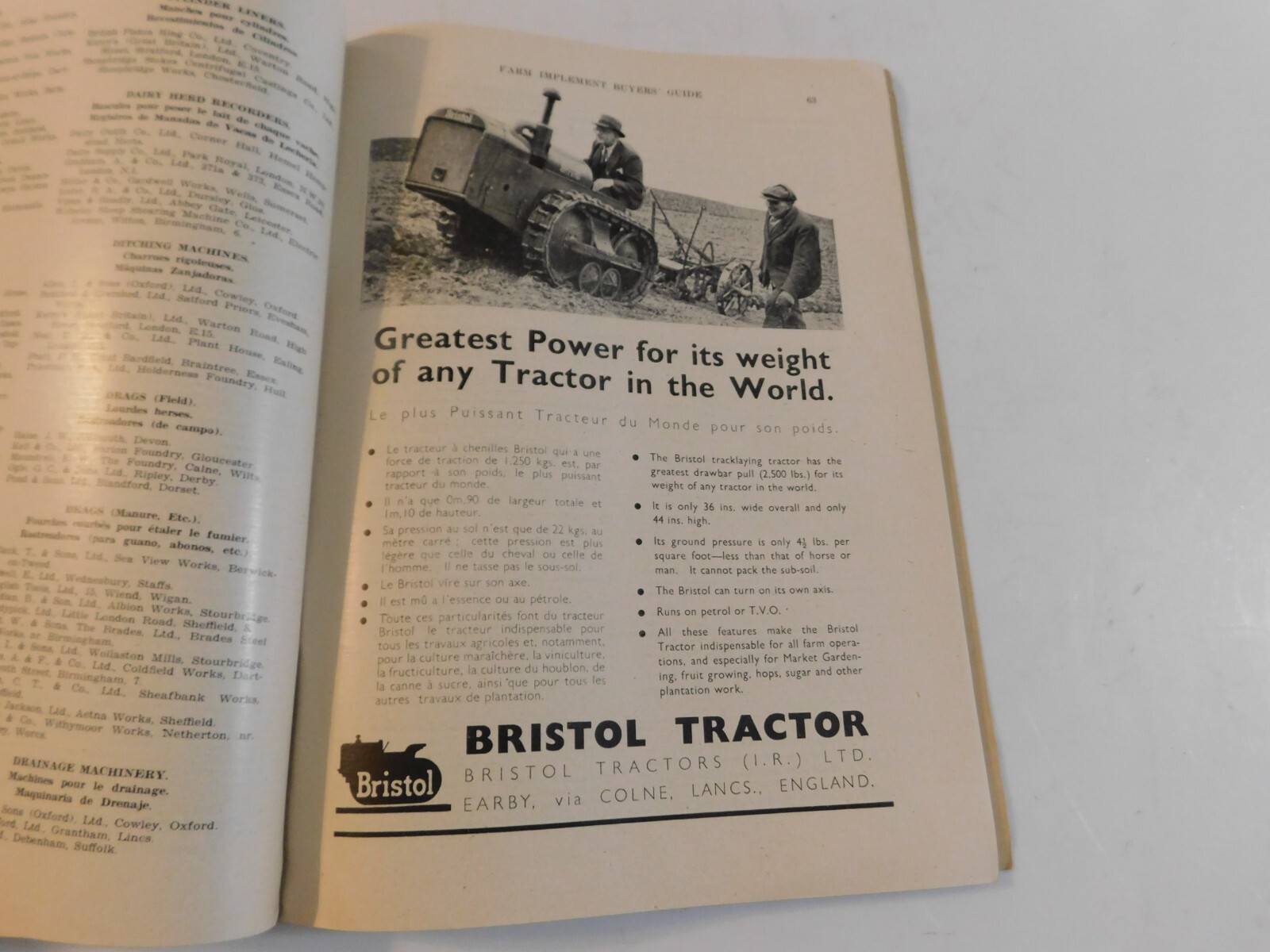 1946 FARM TRACTORS IMPLEMENT BUYER’S GUIDE EXPORT EDITION ALBION MACHINES