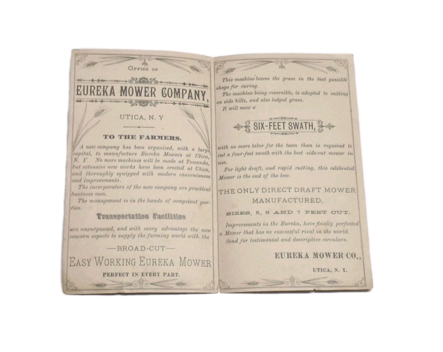 Eureka Mower Litho Advertising Trade Booklet 1880’s Utica New York