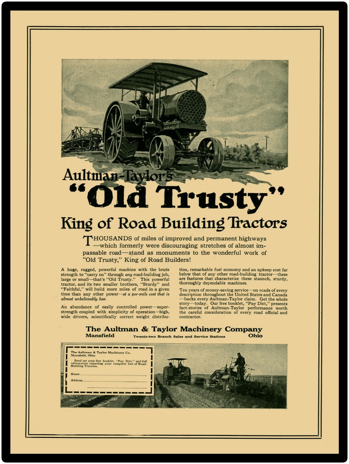 1922 Aultman Taylor Road Building Tractor “Old Trusty” New Metal Sign – Lg. Size