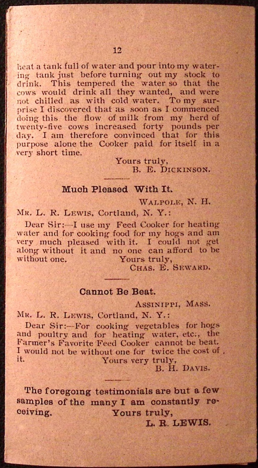 Farmers Favorite Feed Cooker Testimonial Brochure c1920s Cortland NY 3.25 x 6″
