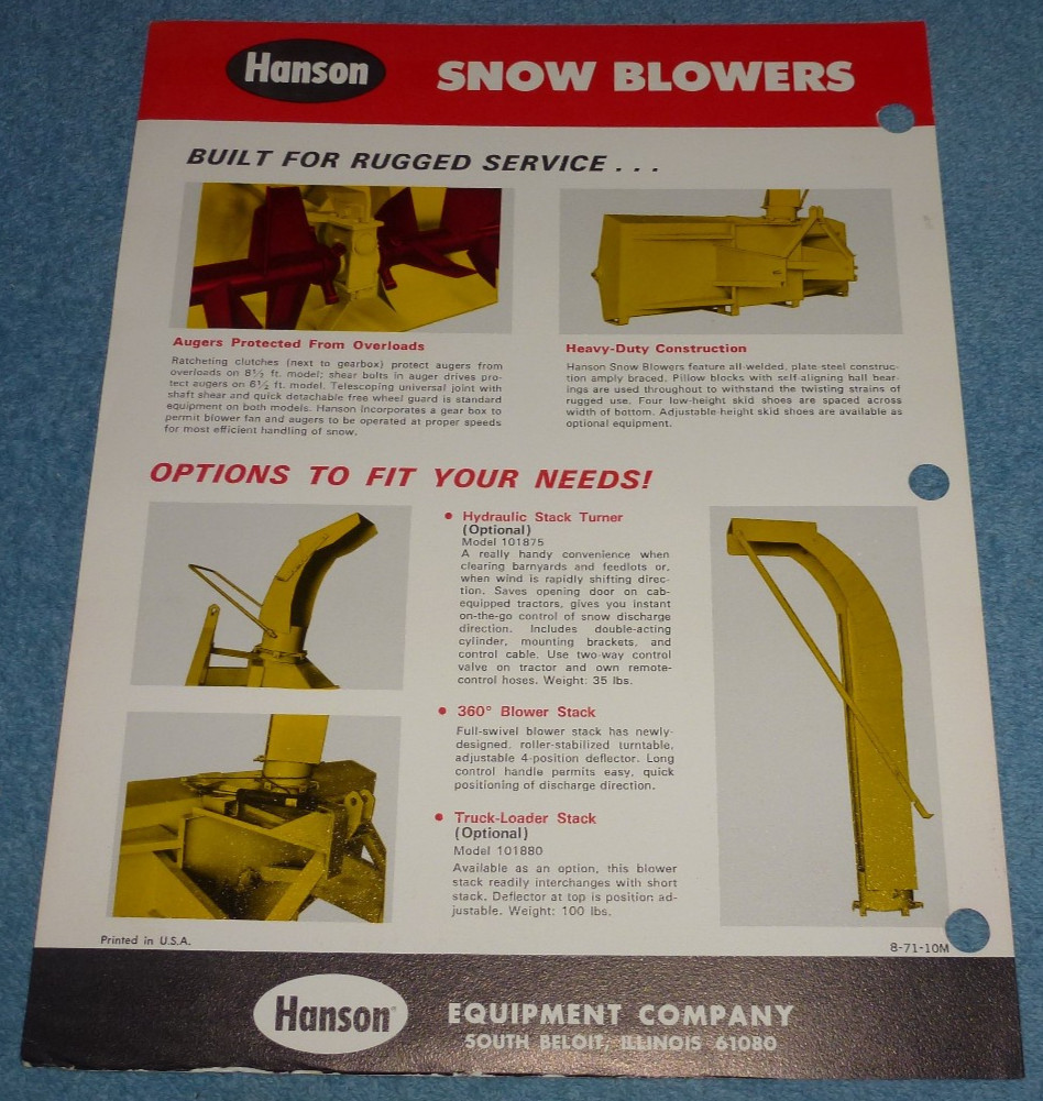 Vintage 1971 Hanson Equipment Co Snow Blowers With Crust-Buster Auger Brochure