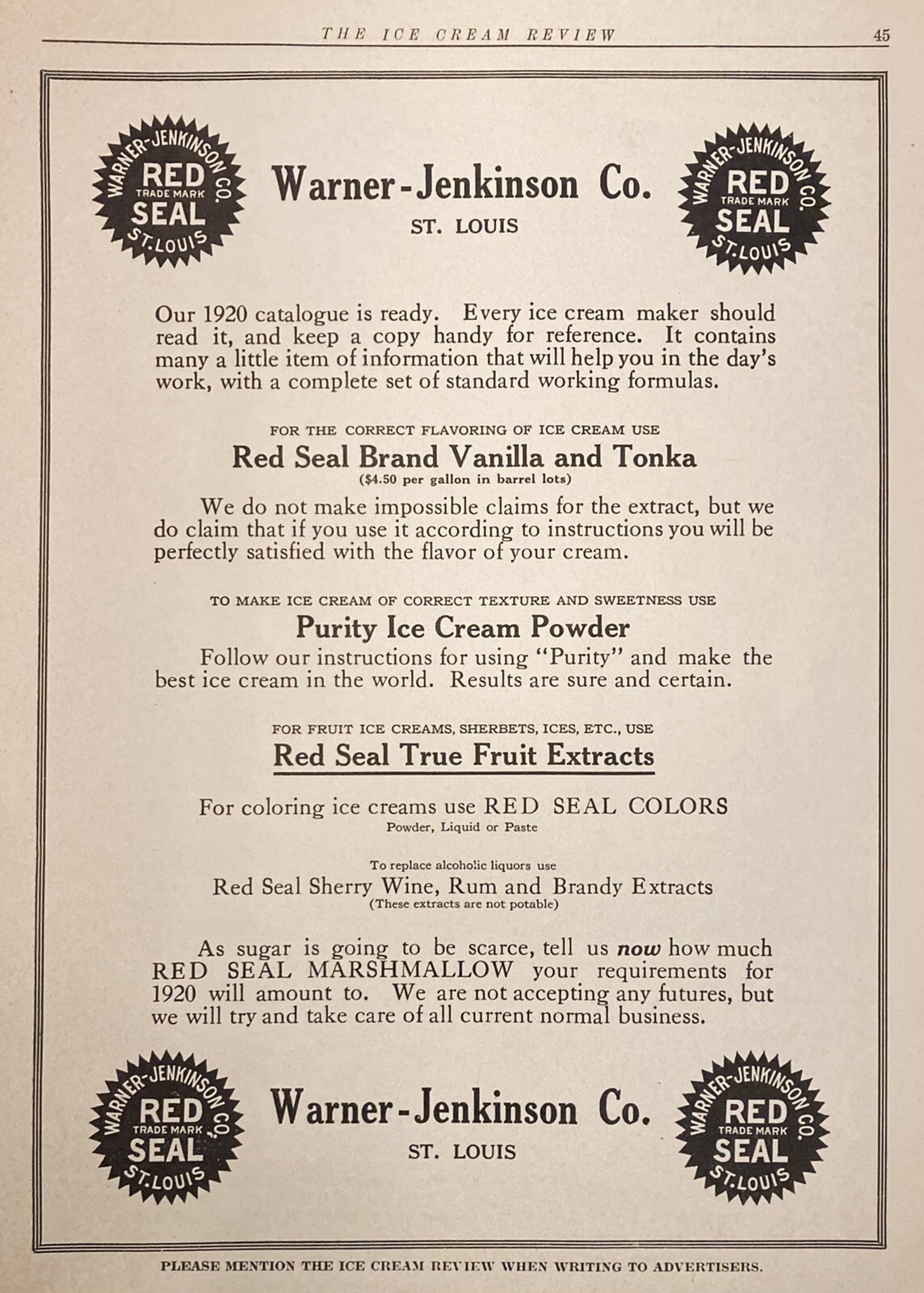 1920 AD(XH52)~WARNER-JENKINSON CO. ST. LOUIS, MO. RED SEAL BRAND ICE CREAM