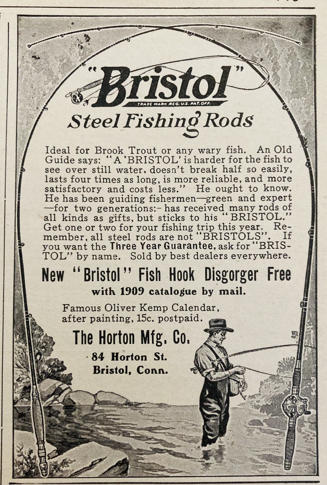 1909 AD.(XH77)~HORTON MFG. CO. BRISTOL, CONN. “BRISTOL” STEEL FISHING RODS