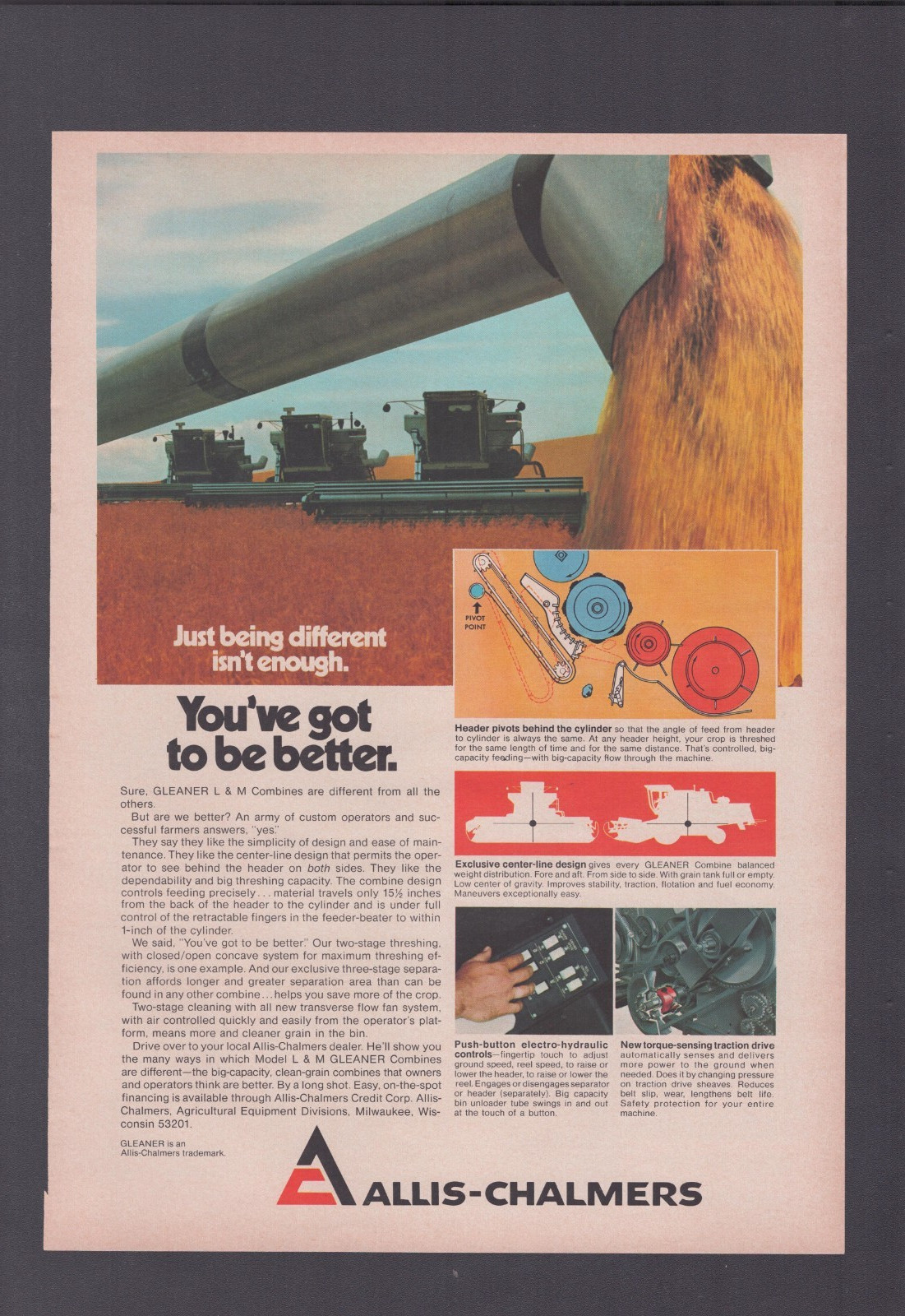 1974 Print Ad Allis-Chalmers Gleaner L&M Combines Simplicity of Design Harvest