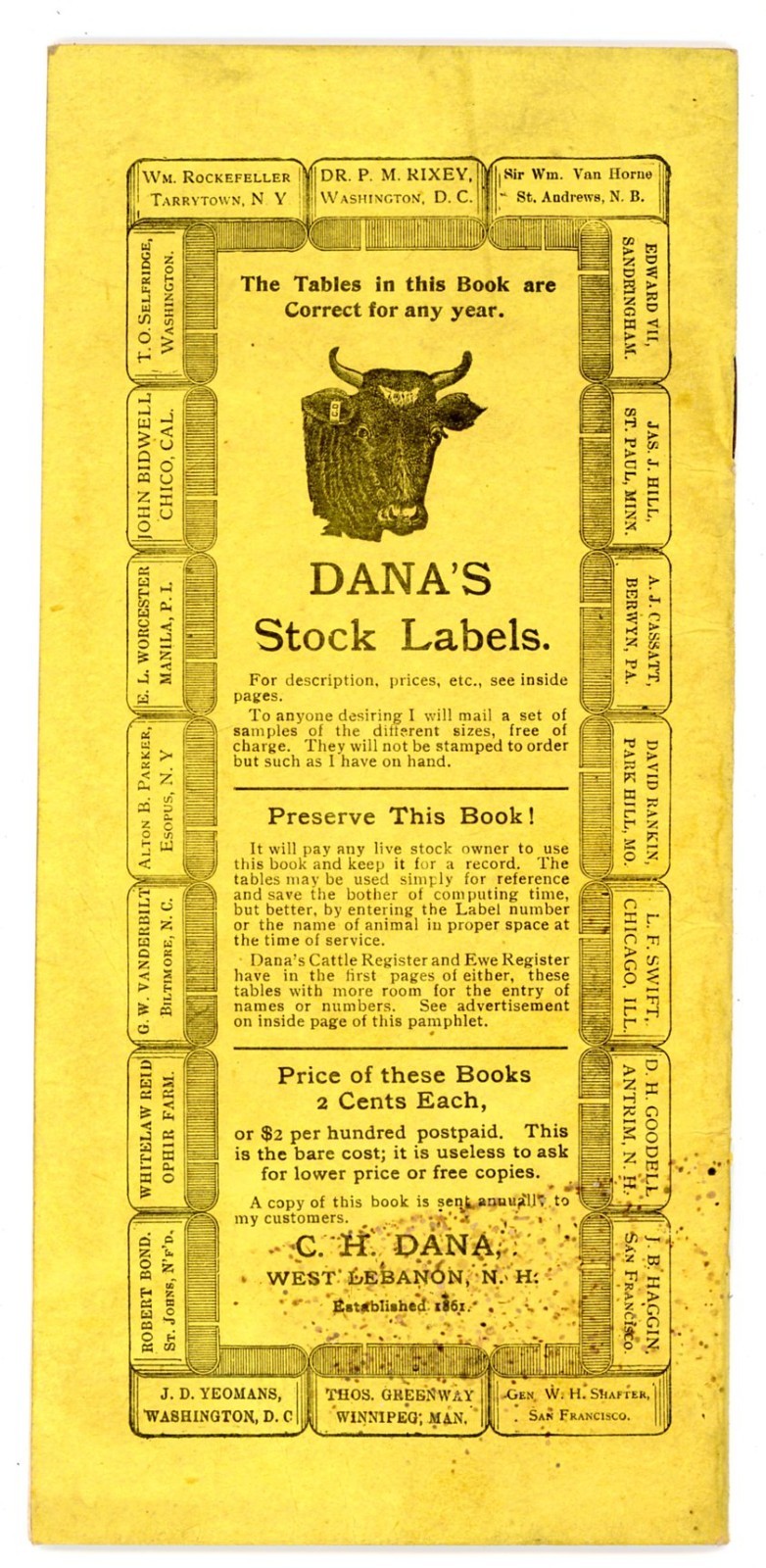 Dana’s Stock Labels & Breeder Memorandum C H Dana West Lebanon New Hampshire