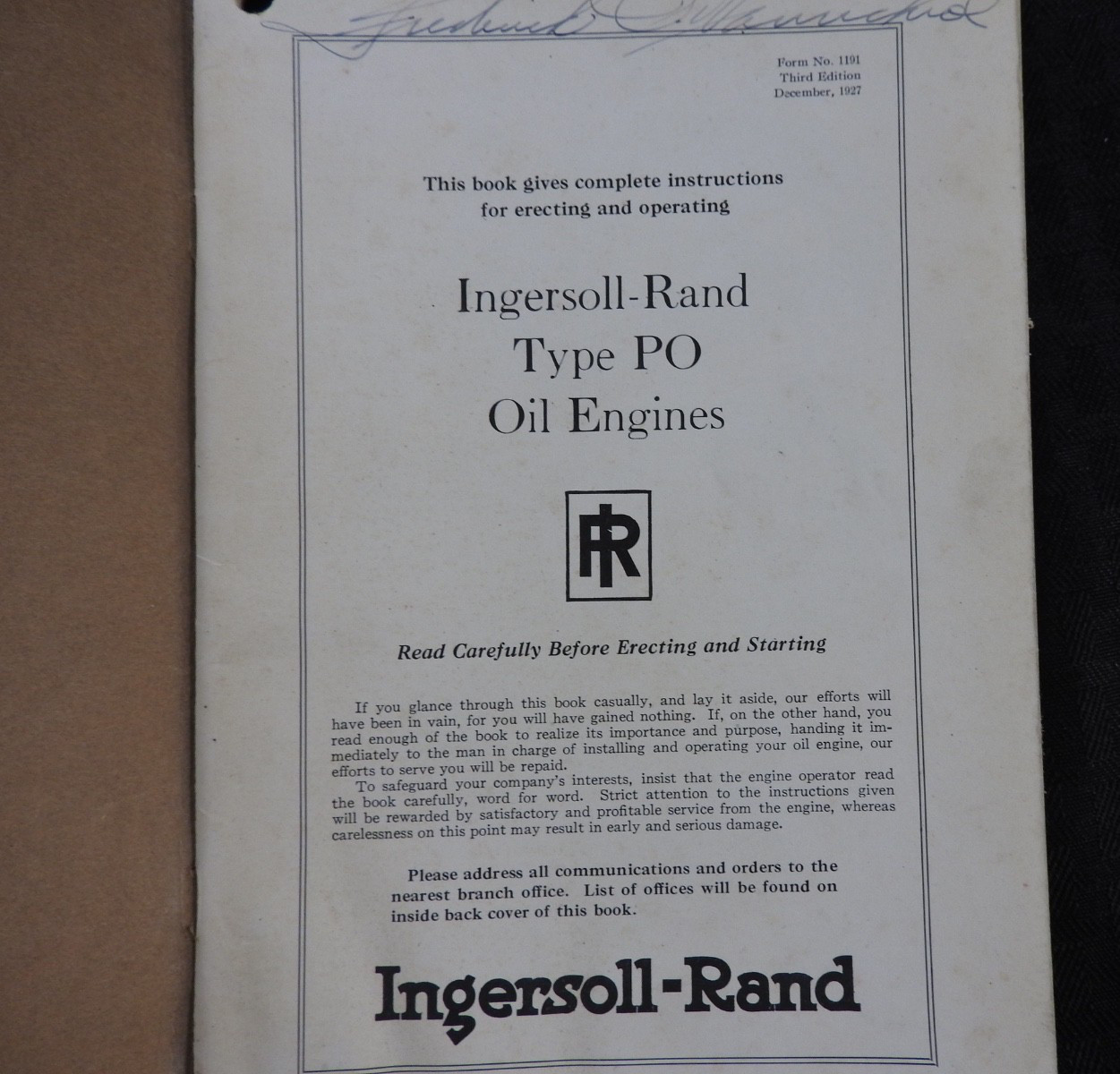 1927 Ingersoll-Rand “TYPE PO” Hit-N-Miss Oil Engines Operators Manual ORIGINAL!