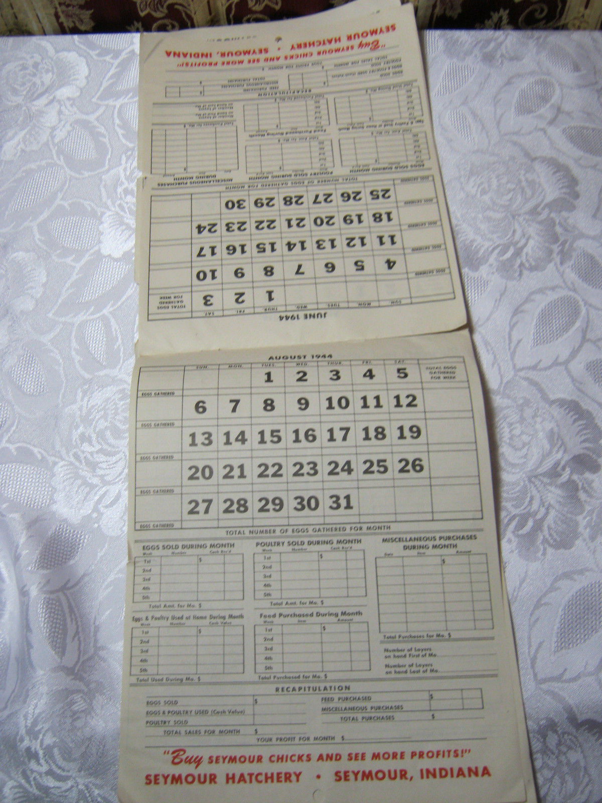 SEYMOUR CHICKS 1944 PROFIT RECORD 1940’S VIntage Farming Adv Brochure Calendar