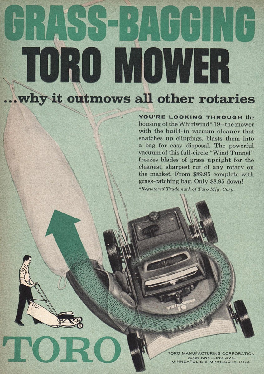 1960 Toro Mower: Grass Bagging Vintage Print Ad