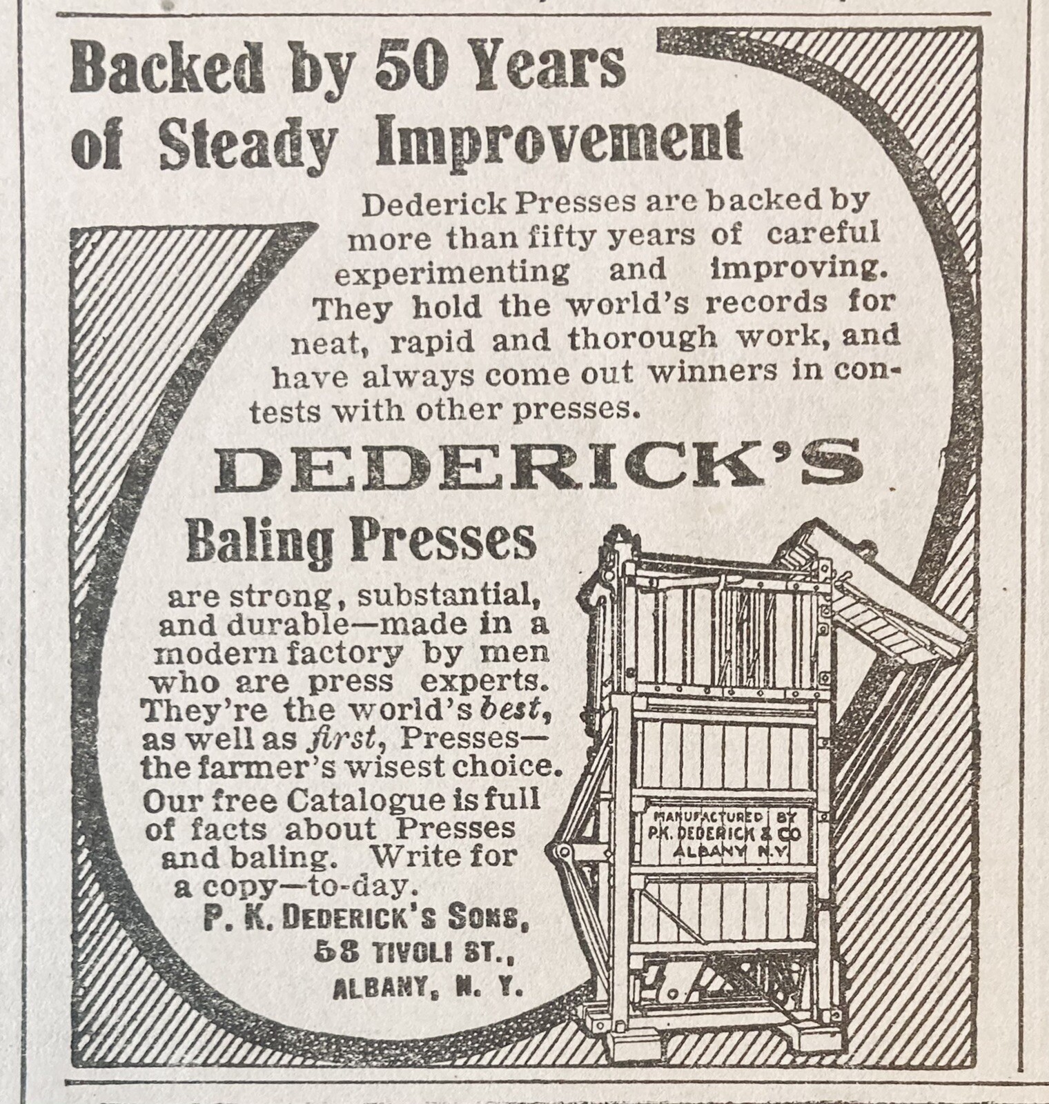 1909 AD.(XH10)~P.K. DEDERICK’S CO. ALBANY, NY. DEDERICK’S BALING PRESSES