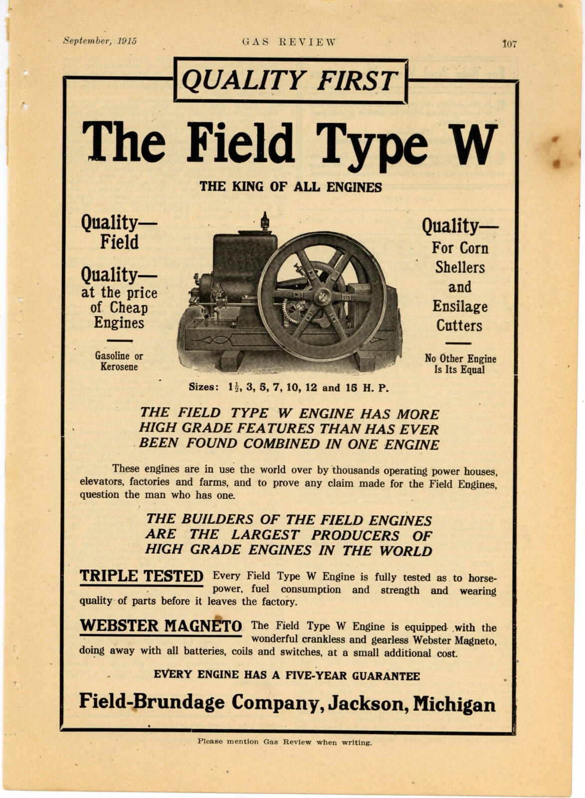 1915 Field Brundage Co. Ad: The King of ALL Engines – Jackson, Michigan