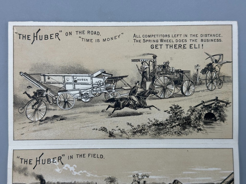 1880s HUBER ENGINE Farm THRESHER Advertise 4-Panel Folding Trade Card MARION OH