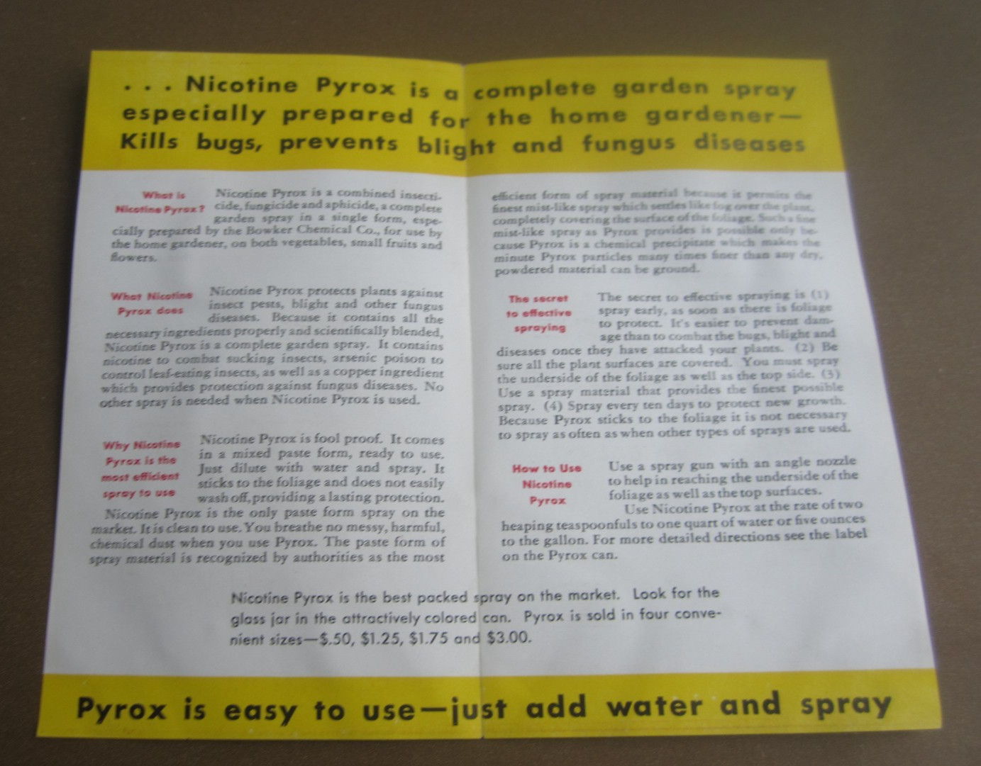 1930’s NICOTINE PYROX Garden Spray – Advertising Brochure – Bowker Chemical N.Y.