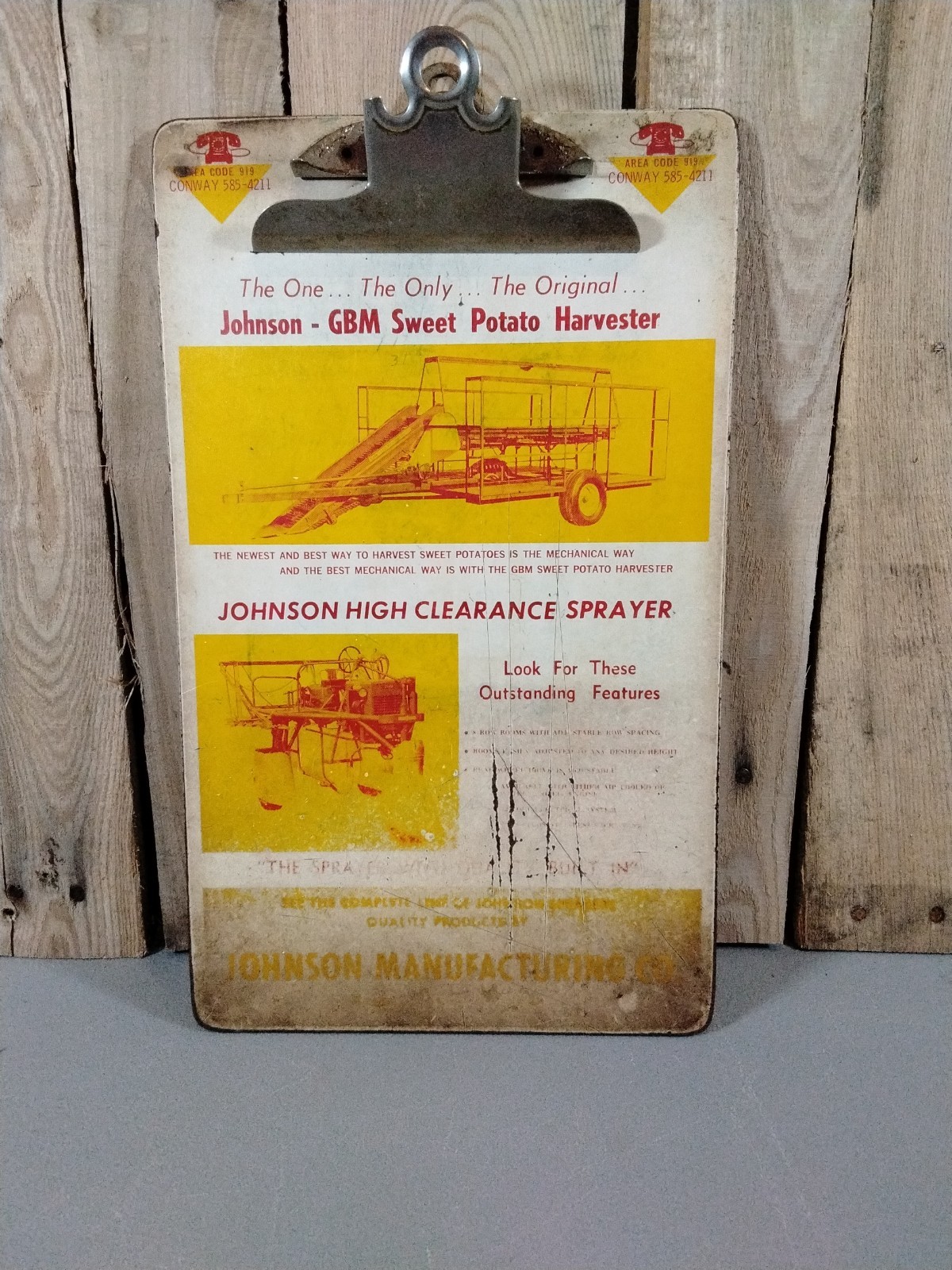 Vintage Johnson Manufacturing Farm Equipment Clipboard 9″X15″