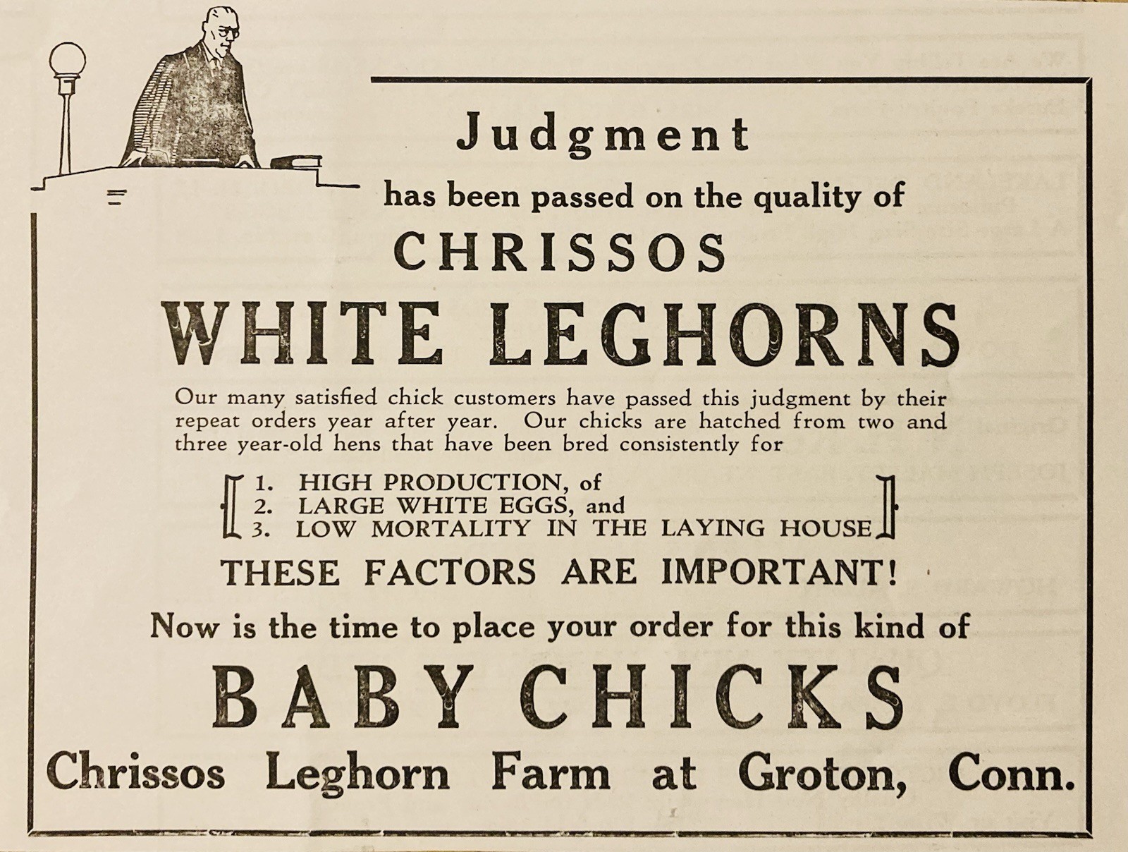 1934 AD.(XH82)~CHRISSOS LEGHORN FARM, GROTON, CONN. QUALITY WHITE LEGHORNS