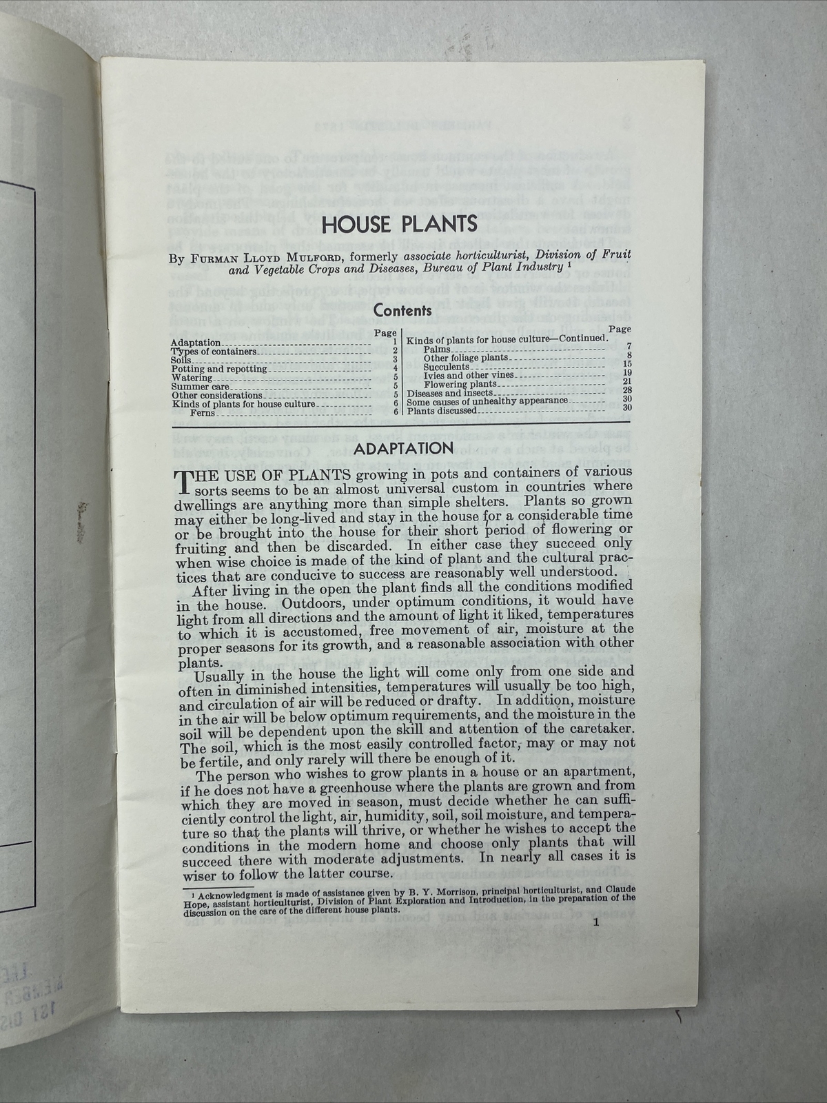 1946 USDA Farmers’ Bulletin No. 1872 House Plants Furman Lloyd Mulford