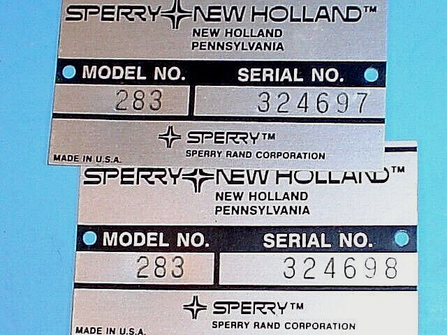 (47) VINTAGE SPERRY NEW HOLLAND MODEL 283 BALER ID TAGS~CONSECUTIVE SERIAL #’s