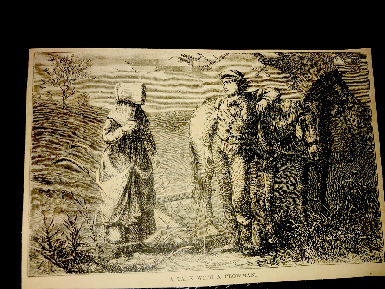 ORIGINAL 1872 A TALK WITH A PLOWMAN Plow Farm Engraving Advertising